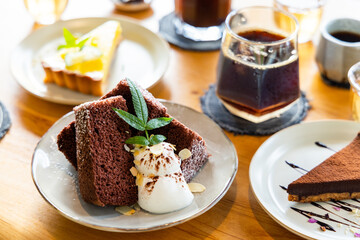 Iced glass of coffee and cake
