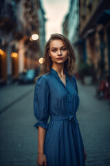 Fototapeta premium young beautiful caucasian woman in blue dress walking in city center. AI Generated