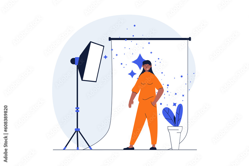 Poster podcast streaming web concept with character scene. woman posing in studio, show making backstage pr
