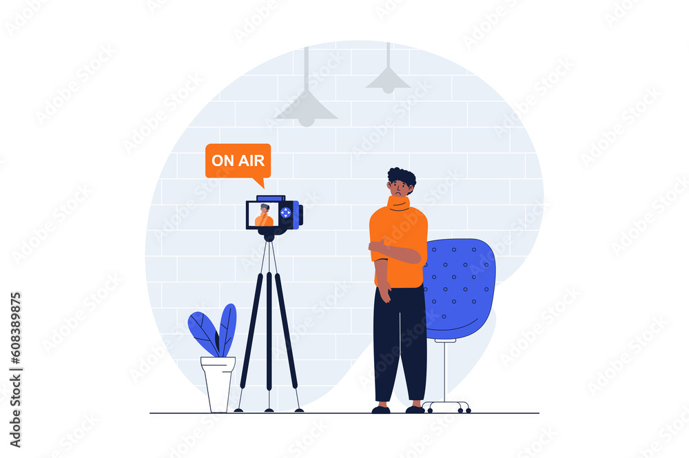 Fototapete podcast streaming web concept with character scene. man standing to camera and trying to recording i