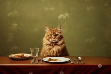 Cute cat sitting at the table with food and drinks. Generative AI
