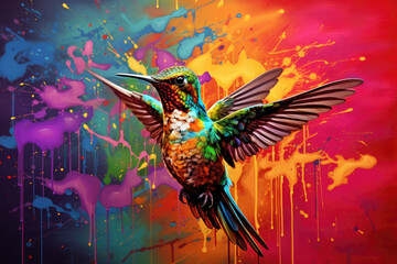 Hummingbird with Colorful Splatter Paint Background