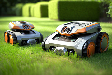 Rasenmäher roboter autonom gesteuert auf der Wiese, aigenerativ