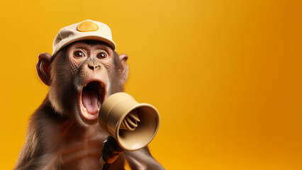 Monkey with a megaphone on a yellow background. The concept of advertising, ads. Generative AI