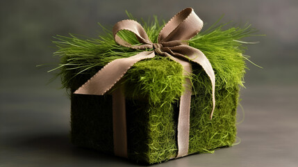 grass gift box, nature gift, ecology, green, rustic ribbon, made with Generative AI
