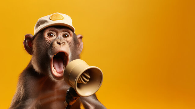 Monkey with a megaphone on a yellow background. The concept of advertising, ads. Generative AI