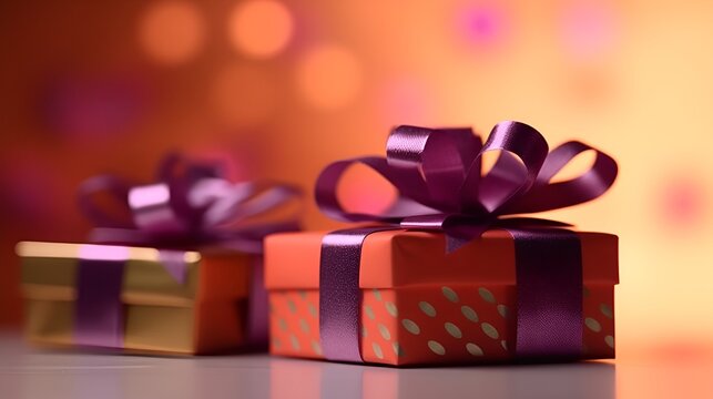 colorful gift box, bright colors, red and gold with a purple ribbon, made with Generative AI