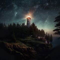 Lighthouse on a hill in forest over a slope - IA