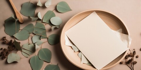 Top view, closeup blank card mockup on wooden plate, plain table background with dry eucalyptus leaves. Wedding composition. Boho design. Generative AI.