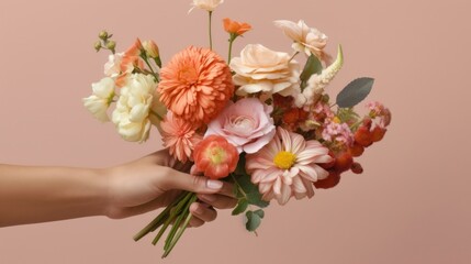A pair of hands holding a colorful bouquet of flowers, showcasing beauty and nature. AI generated