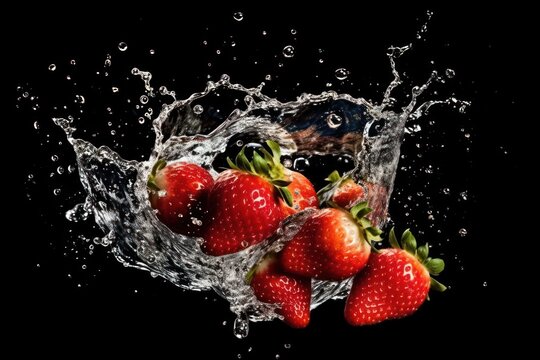 stock photo of water splash with sliced strawberries isolated Food Photography