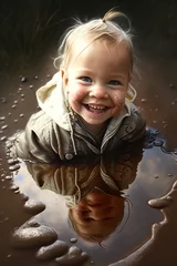 Fotobehang Kind spielt vergnügt lachend im Dreck Schlamm und ist glücklich, ai generativ © www.freund-foto.de