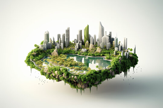 Edificios y ciudad ecologica sobre fondo blanco. Ilustraci&oacute;n de Ia generativa