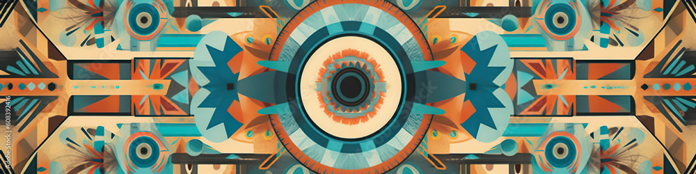 Poster a picture of a colorful tribal pattern with an eye. generative ai.