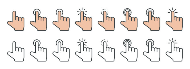 Hand cursor icon in different gestures. Finger mouse cursor. Clicking cursor vector illustration