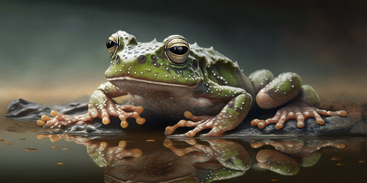 Wildlebender Frosch im Wasser blickt gemein, ai generativ