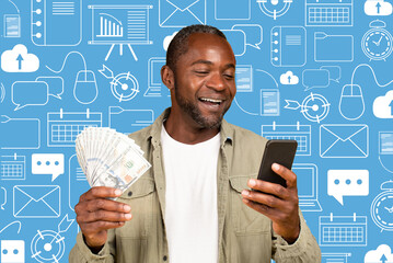 Happy black man using AI-based financial app on smartphone
