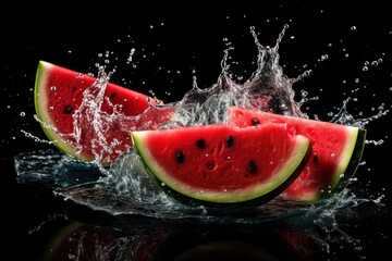stock photo of water splash with sliced watermelon isolated Food Photography