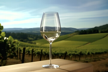 Obraz premium White wine glass on wooden table view of winery