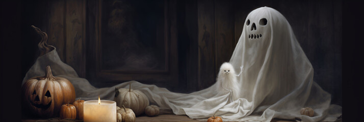 Spooky Halloween ghost with decorated pumpkins. Banner with copy space