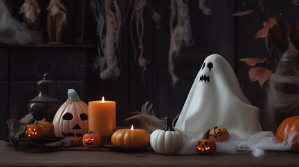 Spooky Halloween decoration ghost. Banner with copy space
