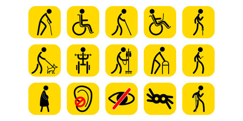 a set of vector icons about disability, a man in a wheelchair, with crutches, a walker and others