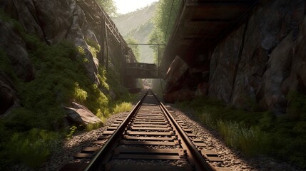 Fototapeta na wymiar Old abandoned rail tunnel, generative AI industrial object, landscape with grenery