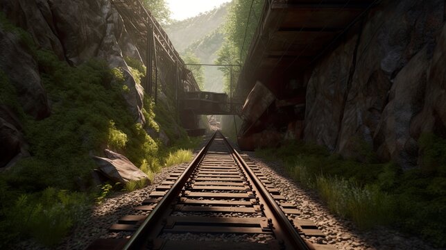 Old abandoned rail tunnel, generative AI industrial object, landscape with grenery