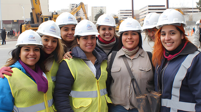 Multi-racial team of women workers smiling, wearing hard hats working in construction. Concept of Equality at work.