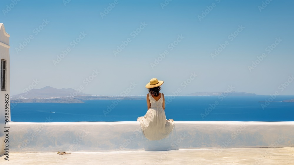 Wall mural beautiful young woman sitting on wall looking at stunning view of mediterranean sea and santorini vi