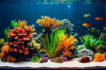 Fototapeta na wymiar Underwater view of colourful tropical fishes, shells in the aquarium with plants and stones. Wildlife concept of ecological environment. Generative AI