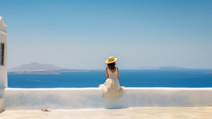 Beautiful young woman sitting on wall looking at stunning view of Mediterranean sea and Santorini village, Greece, Europe. Lifestyle woman with straw hat wearing green dress enjoy landscape view. - obrazy, fototapety, plakaty