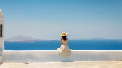 Papier Peint Lavable Bleu Beautiful young woman sitting on wall looking at stunning view of Mediterranean sea and Santorini village, Greece, Europe. Lifestyle woman with straw hat wearing green dress enjoy landscape view.