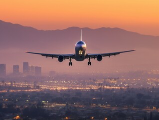 Fototapeta na wymiar Commercial, passenger airplane take off over the panorama city at twilight scene. Travel concept.