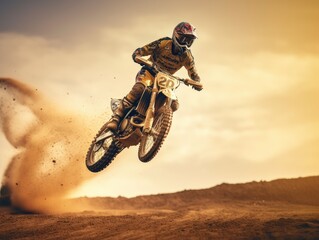 Dirt enduro bike rider doing a big jump. Supercross, motocross, high speed. Sport concept.