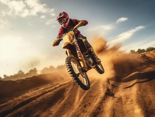 Dirt enduro bike rider doing a big jump. Supercross, motocross, high speed. Sport concept.