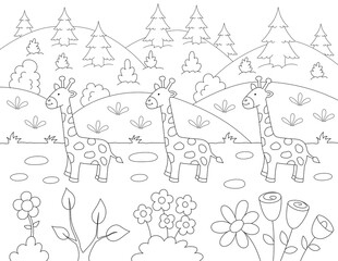 cute coloring page with garden flowers and giraffes. you can print it on 8.5x11 inch paper