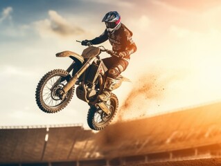Obraz na płótnie Canvas Dirt enduro bike rider doing a big jump. Supercross, motocross, high speed. Sport concept.