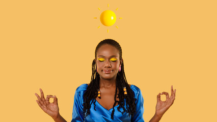 Stress Relief. Peaceful relaxed young black woman meditating with closed eyes