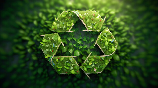 Recycling logo or symbol integrated in nature with green leaves. Concept of recycling, sustainability, ecology and care of planet earth.