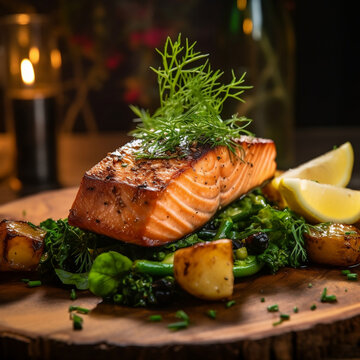 Indulge in the exquisite flavors of smoky grilled salmon and vibrant greens. Experience rustic elegance in a captivating composition inspired by renowned Chef Heston Blumenthal.