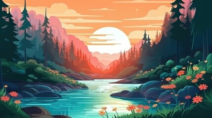 The colorful summer template with view of flowing river in woods. (Illustration, Generative AI)