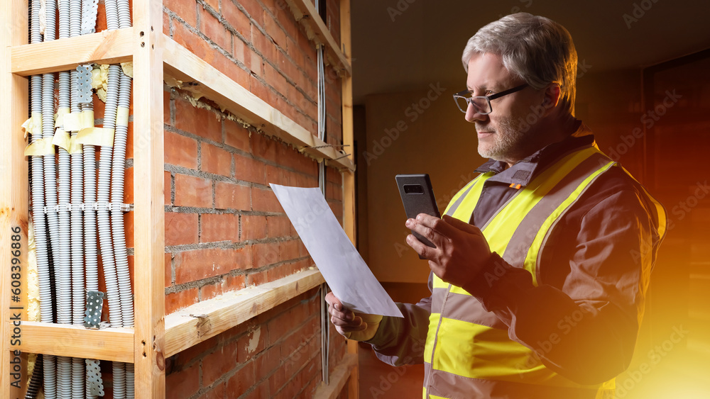 Poster brigadier with phone. gray man. construction team worker. builder with working documentation. forema