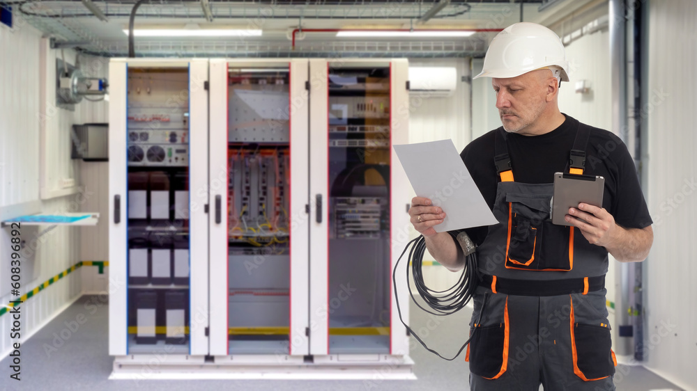 Aufkleber factory electrician. man from energy company. electrification of production. electrician guy with ta