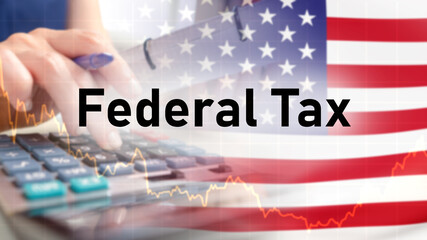 USA federal tax. Flag of America. Calculator with accountant hand. Federal tax growth. Schedule state budget revenues. Payment federal tax in USA. Payments to budget for businesses and individuals