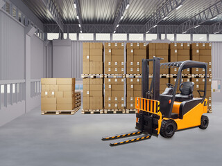 Warehouse hangar. Forklift near pallets with boxes. Interior of storage building. Warehouse hangar without people. Storage area interior. Forklift for moving pallets. Warehouse business. 3d image