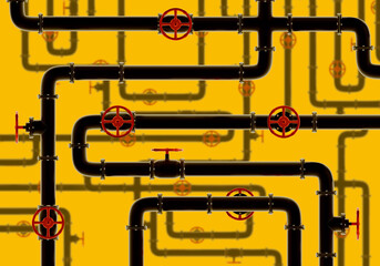 Industrial background. Pipe labyrinth. Pipeline on yellow. Valves for adjusting pressure on pipes. Industrial texture. Background with pipeline. Pattern for presentation of factory. 3d image