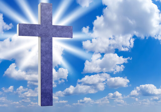 Christian cross. Blue sky with crucifix. Cross in cloudy sky. Catholic crucifix among clouds. Religious symbol. Catholic faith. Christian background. Crucifix glow in sky. Christian religion