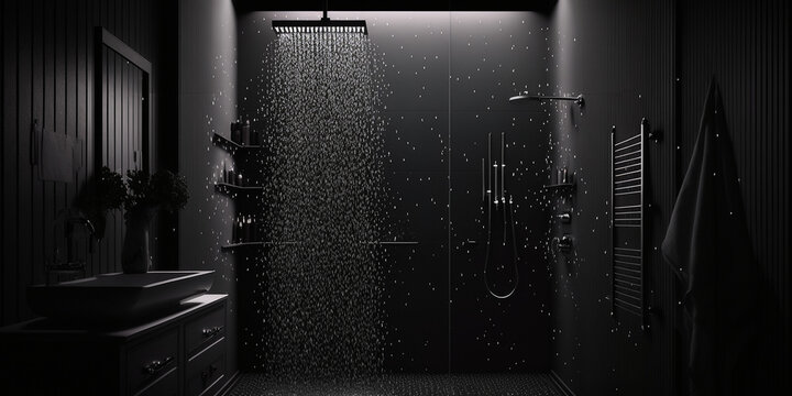 Modernes Badezimmer mit einer Regendusche und fliesendes Wasser. ai generativ