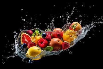 stock photo of water splash with various fruits fall isolated Food Photography
